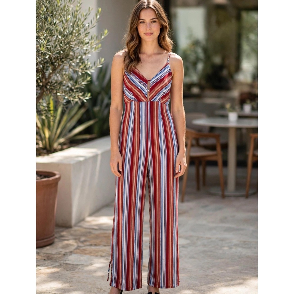 Hayden Los Angeles Womens Striped Wide Leg Jumpsuit Red Blue Rayon H8821 L